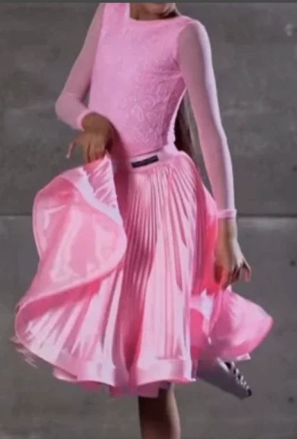 Girls' Pink Long Sleeve Lace & Pleated Ballroom Dance Dress