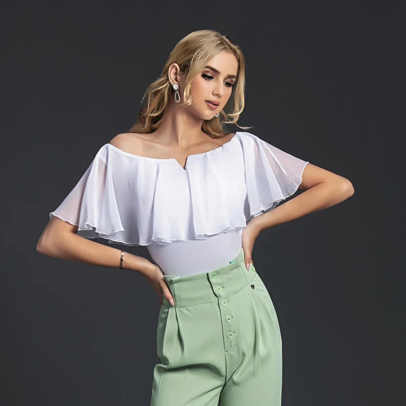 Women's Black Chiffon Off-Shoulder Bodysuit for Latin Dance