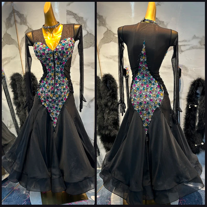 Ballroom Dance Dress Women's Black Multi-Color Crystal Mesh Long Sleeve Standard Smooth Gown