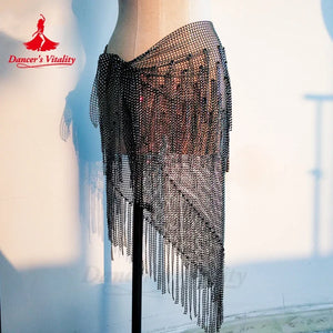 Belly Dance Hip Scarf, Women's Teal Blue Sequin Fringe Mesh Skirt, Latin Dance Hip Wrap
