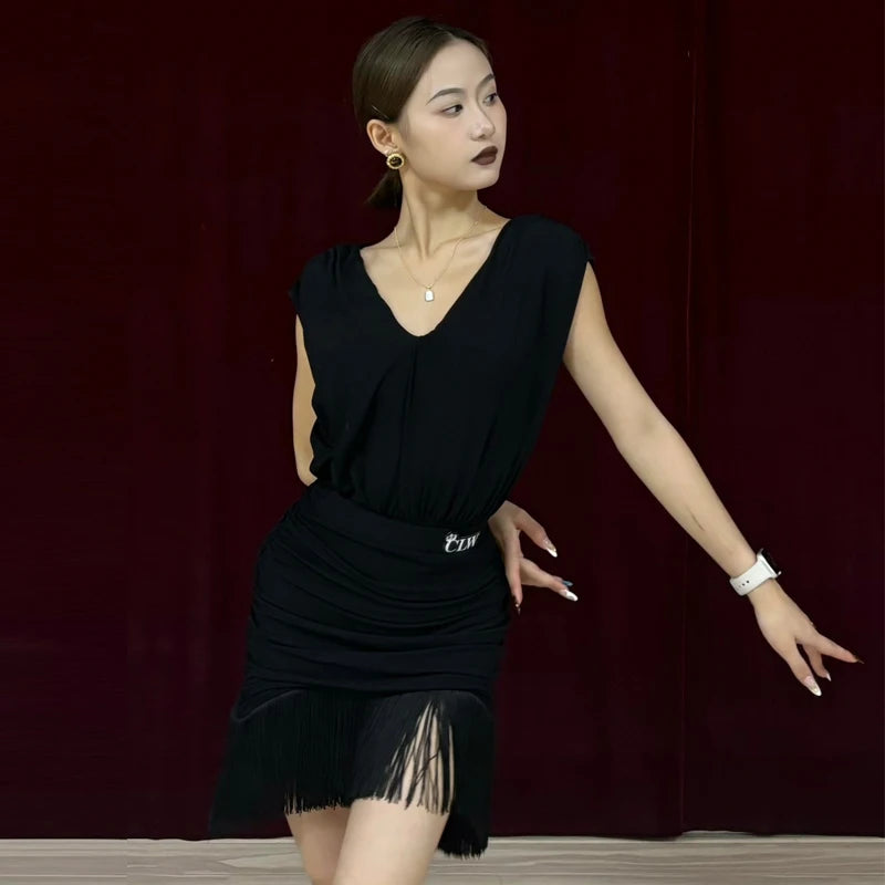 Women's Black V-Neck Fringe Hem Latin Dance Dress with Headband and Choker