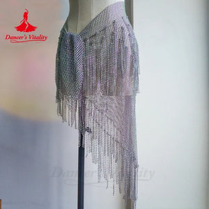 Belly Dance Hip Scarf, Women's Teal Blue Sequin Fringe Mesh Skirt, Latin Dance Hip Wrap