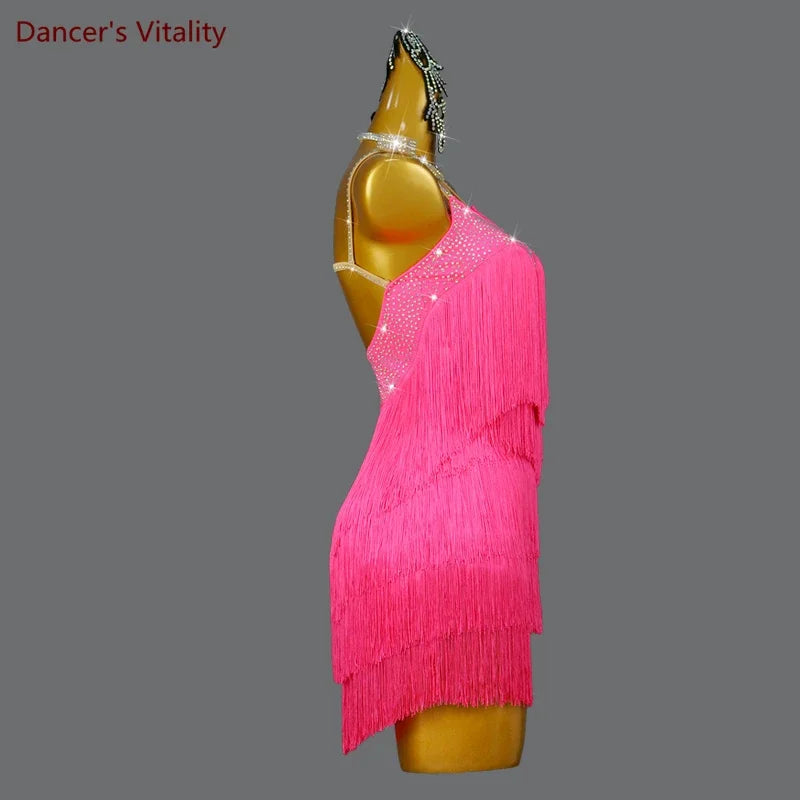 Women's Hot Pink Fringe Sequin Spaghetti Strap Latin Dance Dress