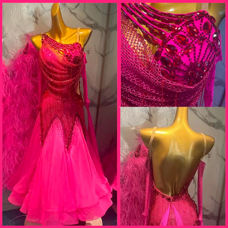 Ballroom Dance Dress Women's Hot Pink Sequin & Rhinestone Embellished Open Back Gown with Feather Boa