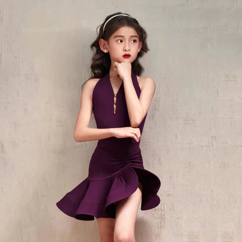 Girls' Purple Halter Neck Ruffled Performance Dance Dress, Lycra Spandex, Latin Ballroom