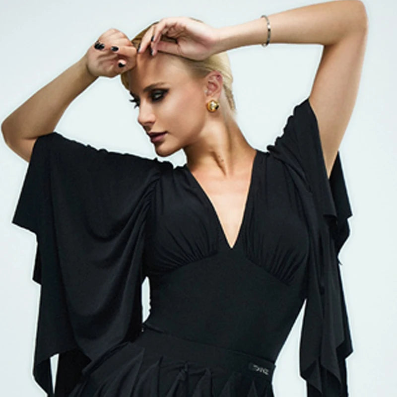 Women's Black V-Neck Long Sleeve Ruffle Latin Dance Dress