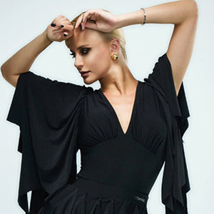 Women's Black V-Neck Long Sleeve Ruffle Latin Dance Dress