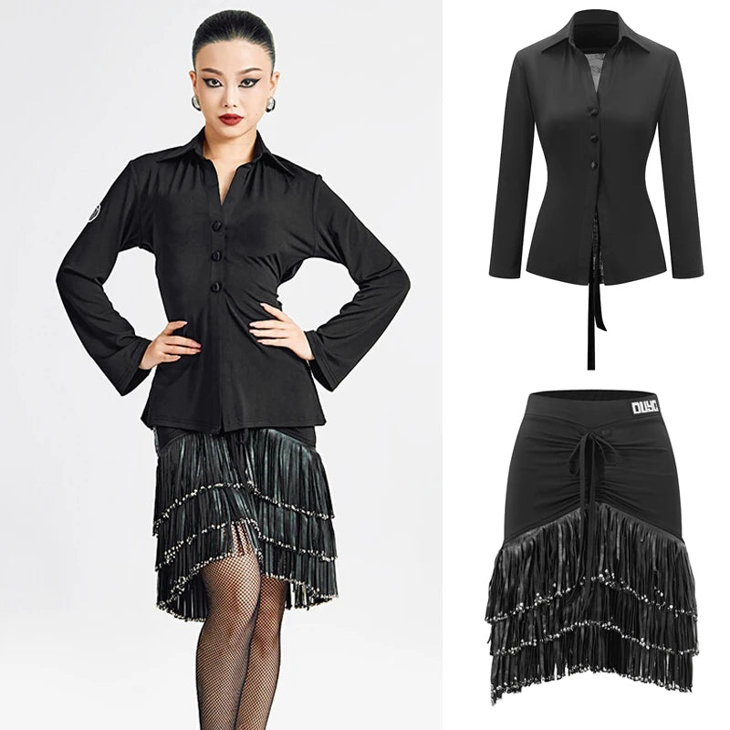 Women's Black Long Sleeve Button-Front Dance Shirt with Tiered Fringe Latin Skirt