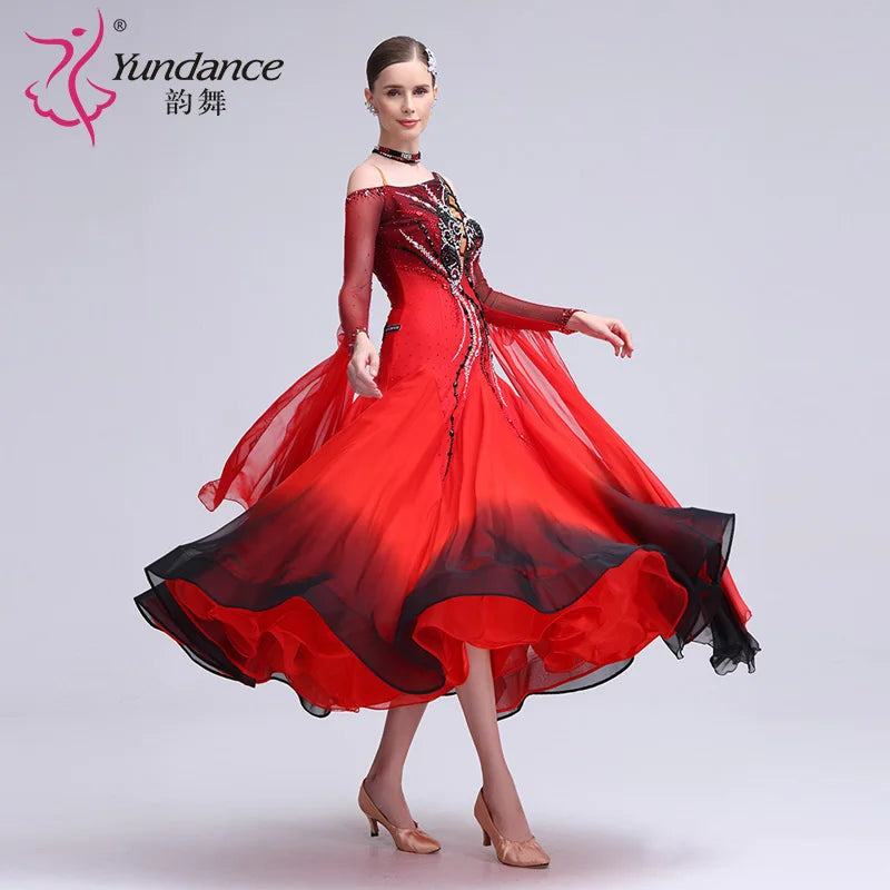 Women's Ballroom Standard Dance Dress Ombre Chiffon Red Black For Performance