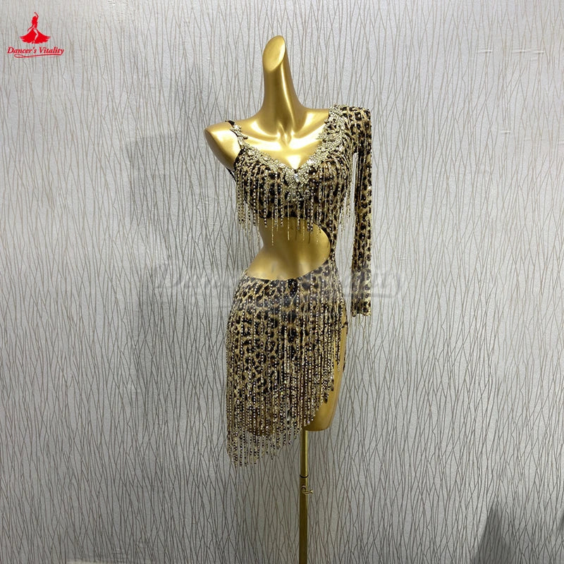 Women's Latin Ballroom Dance Dress AB Rhinestone Embellished Leopard Print For Competition