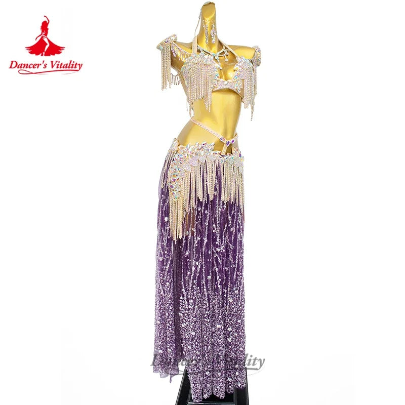 Women's Belly Dance Bra and Long Skirt Set With Sequin Tassels and AB Rhinestones For Competition