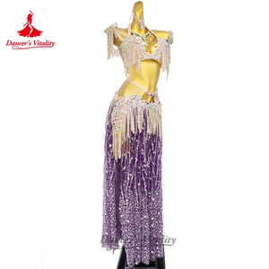 Women's Belly Dance Bra and Long Skirt Set With Sequin Tassels and AB Rhinestones For Competition