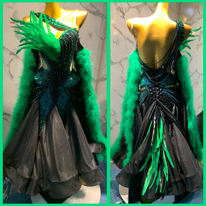 Ballroom Dance Dress Women's Black & Green Sequin Feather Latin Rhythm Performance Gown