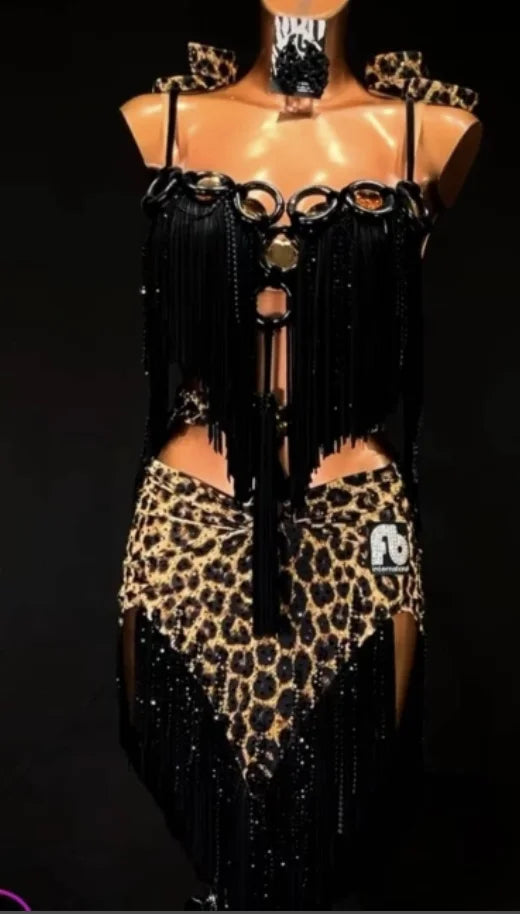 Women's Black Fringe Latin Dance Dress with O-Ring Detail and Leopard Print Accents