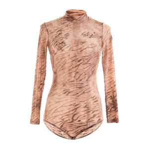 Women's Leopard Print Mesh Long Sleeve Bodysuit with Fringe Skirt Latin Dancewear