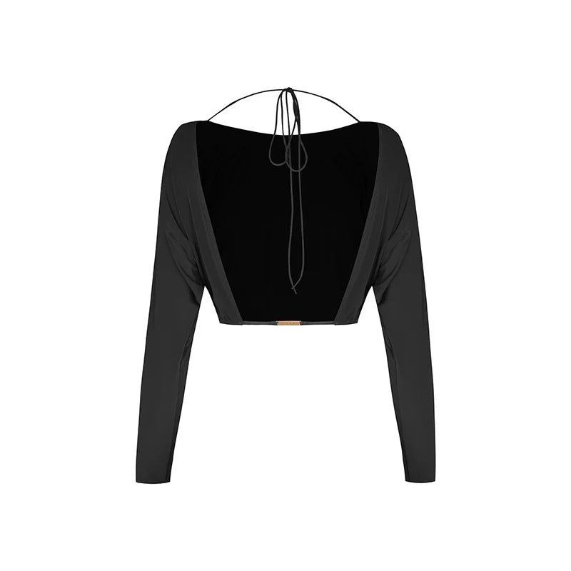 Women's Burgundy & Black Fringe Latin Dance Skirt Set with Long Sleeve Crop Top