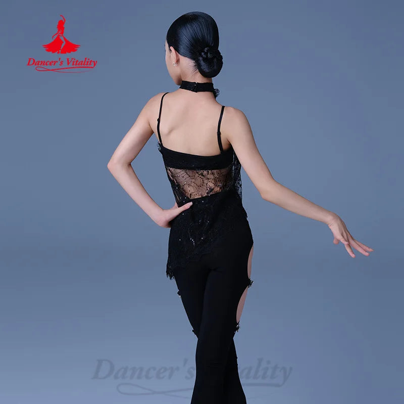 Girls Black Lace Sequin Halter Top and Cut-Out Bell Bottom Pants Latin Dancewear