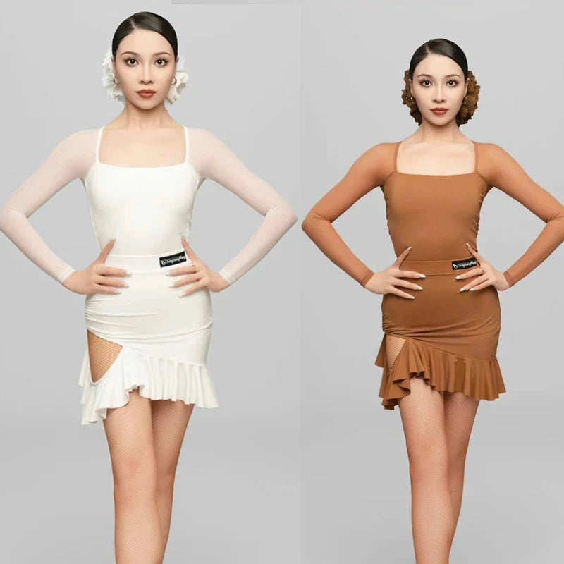 Women's White & Brown Square Neck Long Sleeve Ruffled Latin Dance Dress with Mesh Sleeves