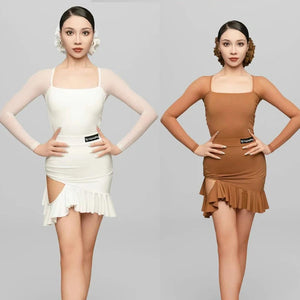 Women's White & Brown Square Neck Long Sleeve Ruffled Latin Dance Dress with Mesh Sleeves