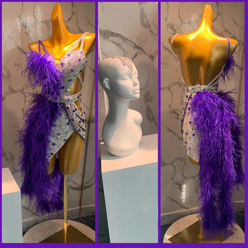 Women's Purple Rhinestone Feather Latin Dance Dress with Cutouts