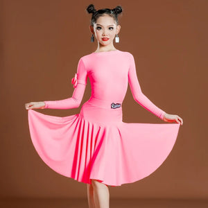 Girls Latin Dance Dress, Long Sleeve, Pleated Skirt, Ballroom Performance Costume