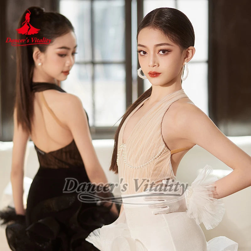 Women's Black & White Halter Neck Mesh Pearl Ruffle Latin Dance Dress