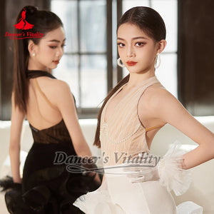 Women's Black & White Halter Neck Mesh Pearl Ruffle Latin Dance Dress