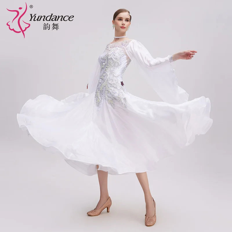 Women's Ballroom Dance Competition Dress In White Pearl Silk For Performance