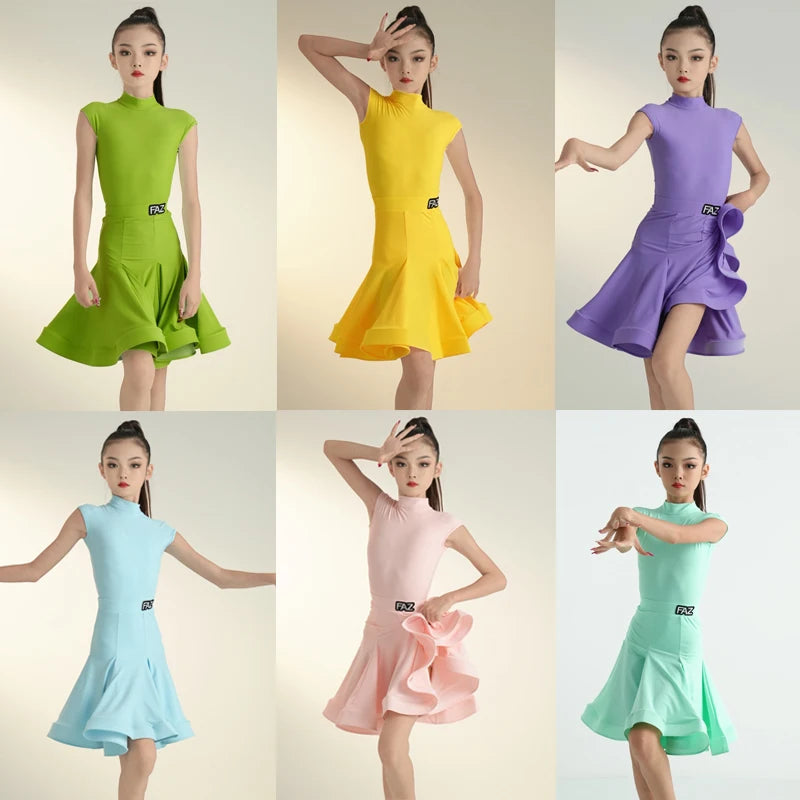 Kids Girls Ballroom Dance Dress, Sleeveless Turtleneck Lycra Ruffle Skirt, Latin Samba Cha Cha Performance Costume