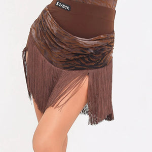 Women's Brown & Black Zebra Print Velvet Fringe Latin Dance Dress