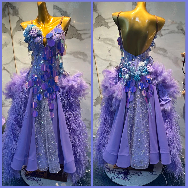 Latin Dance Dress Women's Lavender Sequin Feather Embellished Open Back Performance Gown