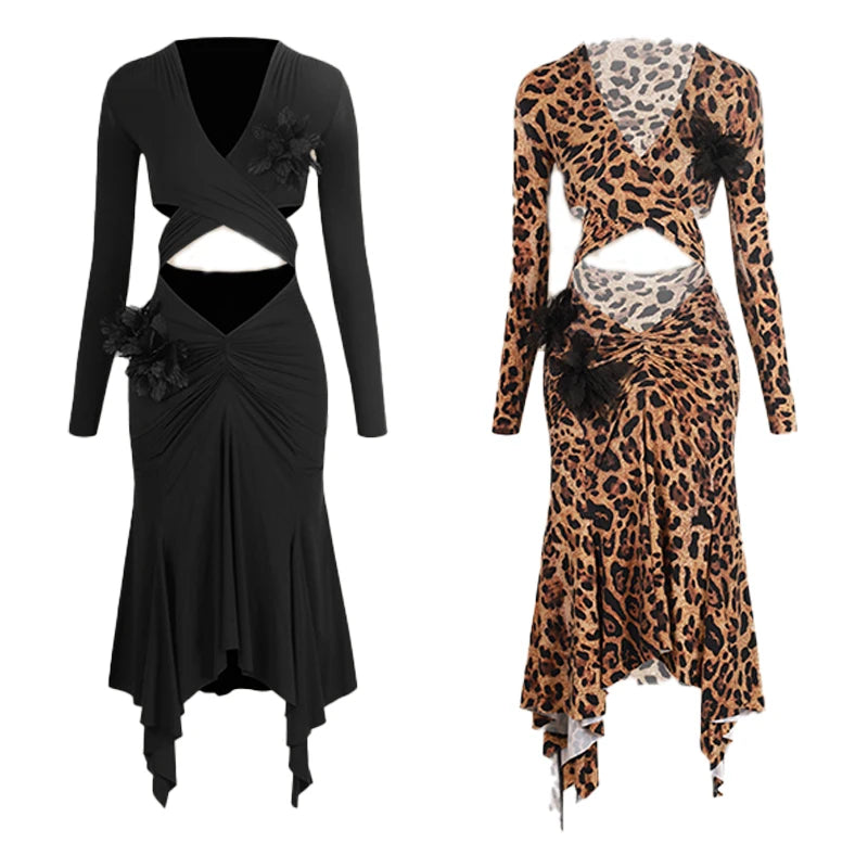 Women's Black & Leopard Print Long Sleeve Cutout Floral Applique Asymmetrical Hem Latin Dance Dress