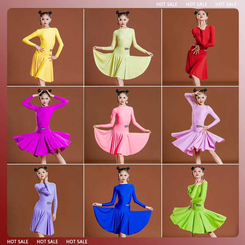 Girls Latin Dance Dress, Long Sleeve, Pleated Skirt, Ballroom Performance Costume