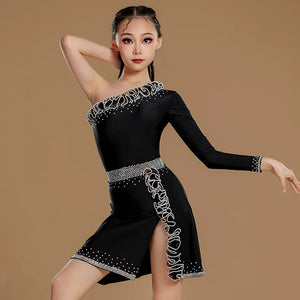 Girls Black One Shoulder Sequin Ruffle Latin Dance Dress