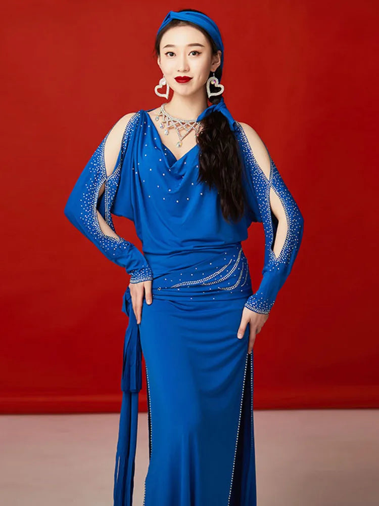 Women's Blue Rhinestone Cold Shoulder Long Sleeve Cowl Neck Slit Skirt Belly Dance Dress