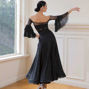 Women's Black Off-Shoulder Lace & Chiffon Ruffled Sleeve Ballroom Dance Dress