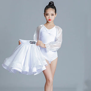 Kids Girls White Mesh Long Sleeve Ruffled Latin Ballroom Dance Dress with Layered Skirt