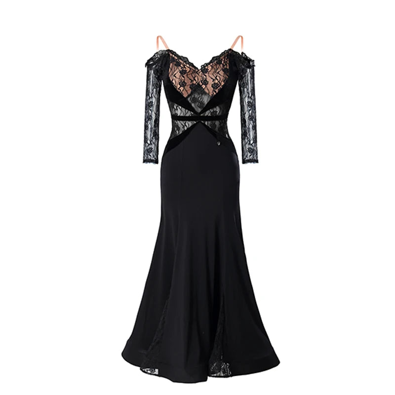 Women's Red Lace Off-Shoulder Ballroom Dance Dress with Three-Quarter Sleeves, Long Skirt