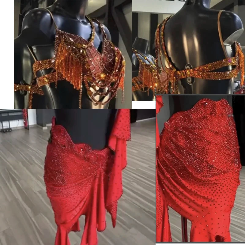 Latin Dance Top and Skirt Set, Women's, Red and Copper, Beaded Fringe Rhinestone Embellished, Ballroom Dance