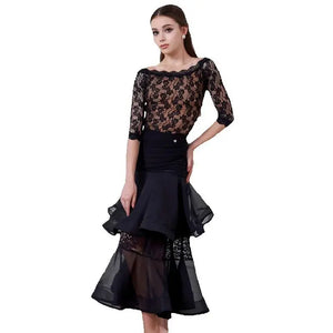 Women's Black Lace & Chiffon Ballroom Dance Dress with Ruched Waist and Tiered Skirt