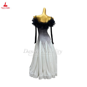 Women's Black & White Ombre Off-Shoulder Ruffled Long Sleeve Standard Ballroom Dance Dress