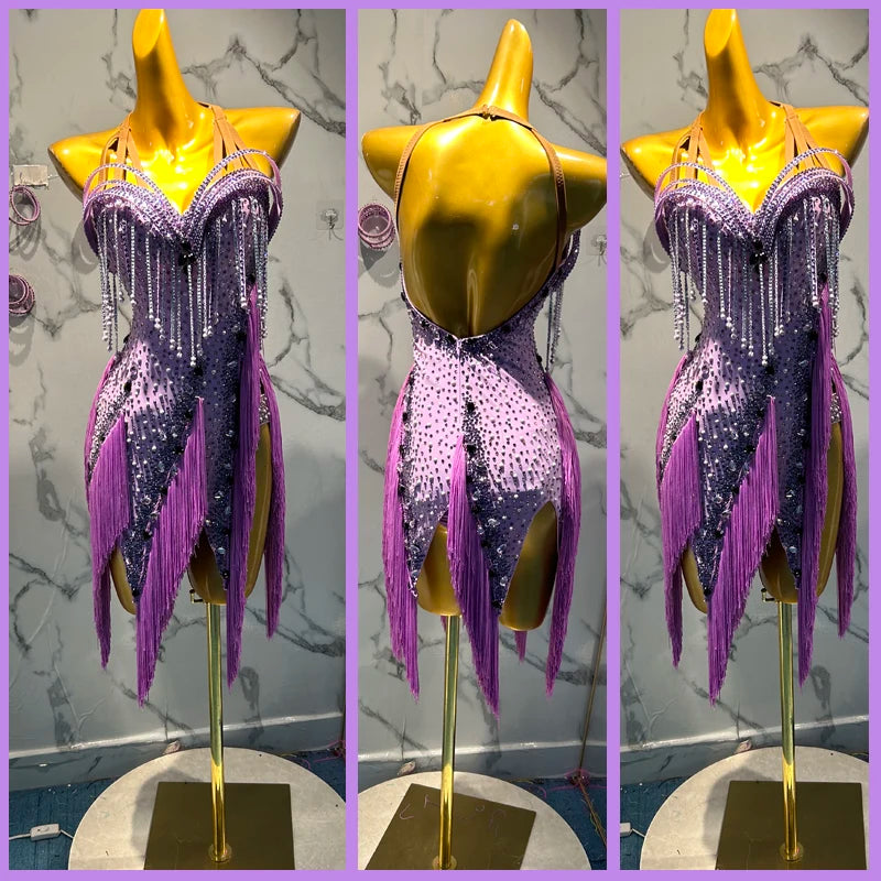 Women's Purple Beaded Fringe Latin Dance Dress