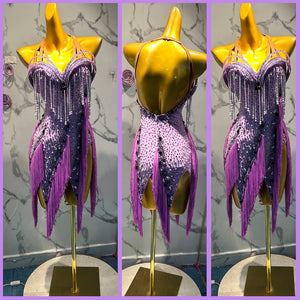 Women's Purple Beaded Fringe Latin Dance Dress