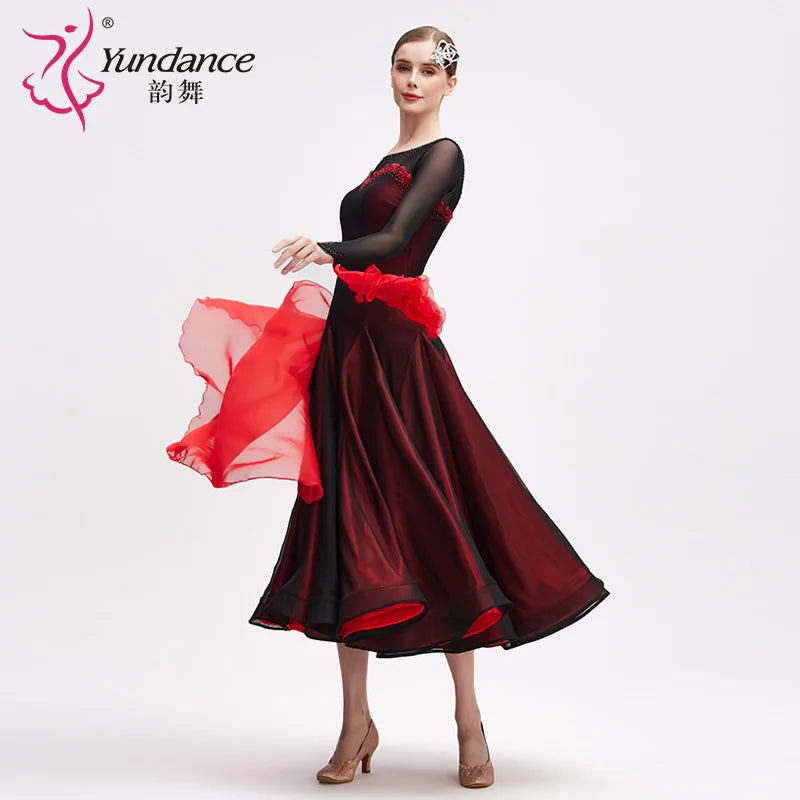 Women's Ballroom Dance Dress International Standard Chiffon Lace Red and Black For Practice