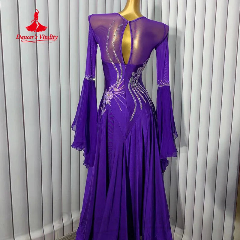 Women's Ballroom Dance Dress With Rhinestone Embellishment Long Sleeves And Fishtail Hem For Performance