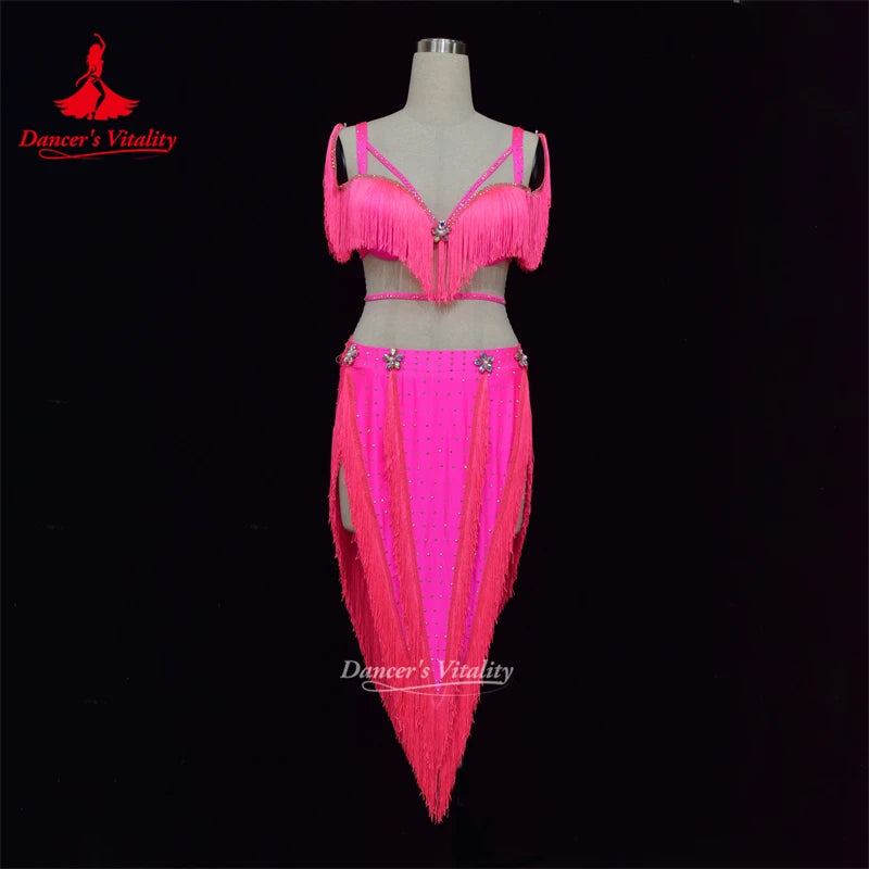 Women's Hot Pink Fringe Sequin Asymmetrical Skirt Latin Dance Dress