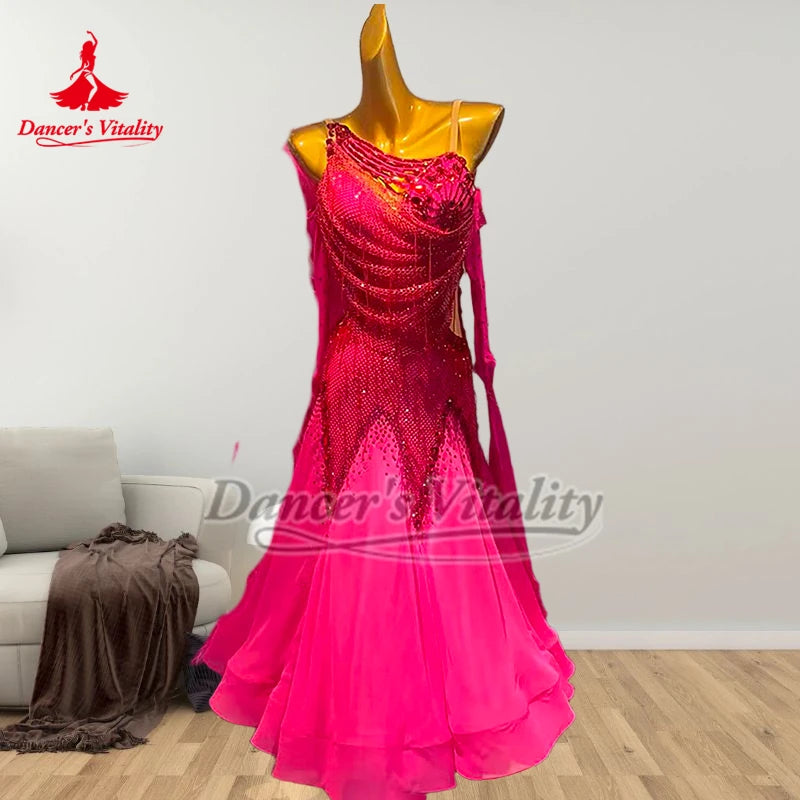 Ballroom Dance Dress Women's Fuchsia Sequin & Rhinestone Open Back Asymmetrical Neckline with Feather Boa Standard Smooth Dance Gown