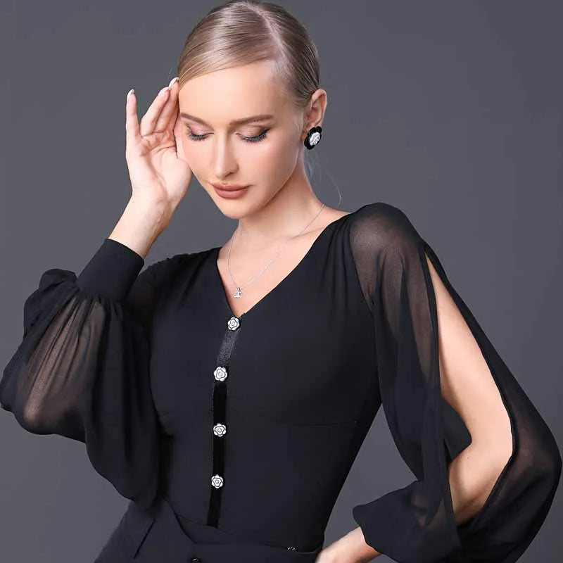 Women's Black V-Neck Chiffon Sleeve Bodysuit with Decorative Buttons, Ballroom Dance