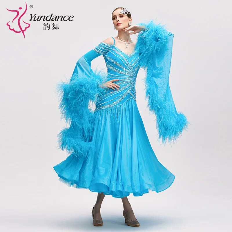 Women's Long Standard Ballroom Dance Dress With Rhinestones Satin Chiffon Blue For Competition