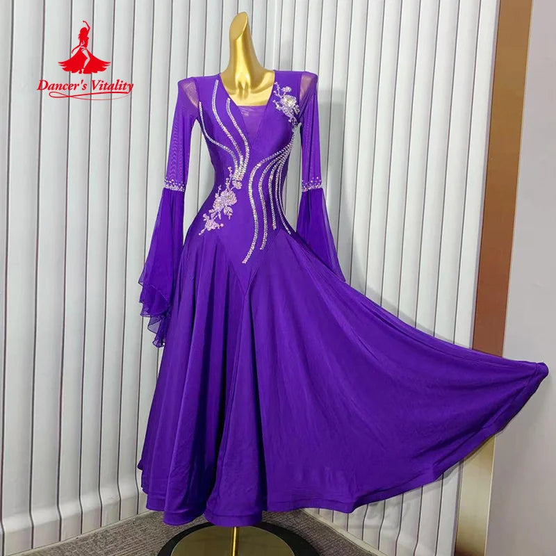 Women's Ballroom Dance Dress With Rhinestone Embellishment Long Sleeves And Fishtail Hem For Performance